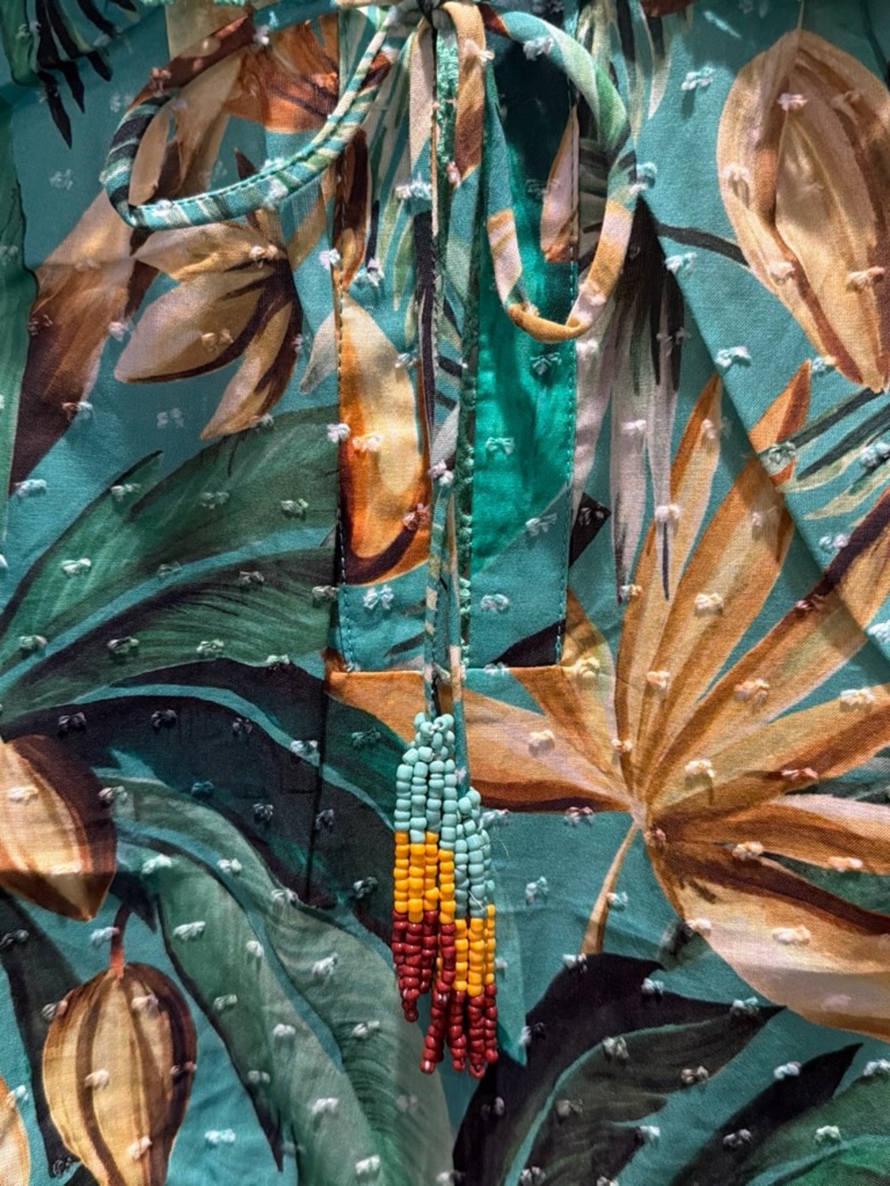 🌴FARM Rio Tropical Puff Sleeve Babydoll Blouse w/Beaded Tassels🌴 - Picture 4 of 8